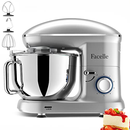 Batidora Amasadora 1500W, Facelle Amasadora de Pan Repostería Multifunción Tazón de Acero Inoxidable de 6,2LGancho para Masa,Batidor Plano, Batidor,Protector de Salpicaduras(Plata)