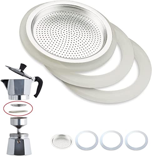 vidoelettronica Junta y filtro cafetera universal para recambios Moka 3 anillos de sellado de látex + 1 filtro de acero (2 tazas)