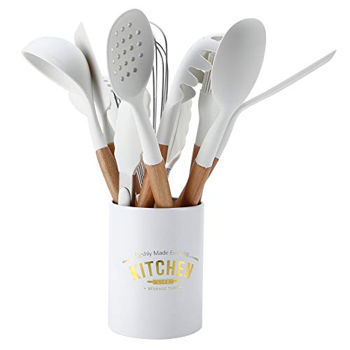Tyenaza Utensilios De Cocina De Silicona Juego De Utensilios De Cocina, Mangos De Madera Natural De 11 Piezas Herramienta De Cocina Espátula Cuchara Utensilios De Cocina Juego De Utensilios Blanco