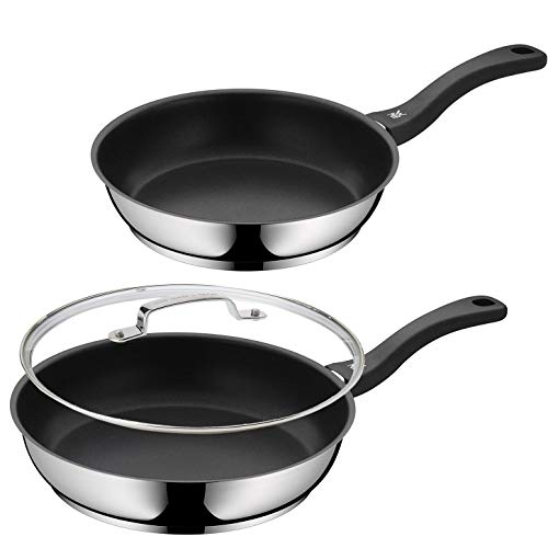WMF Premium - Juego de sartenes para inducción (24 + 28 cm, mango de plástico ergonómico), acero inoxidable, Pfannen-Set 24 + 28cm + Jamie Oliver Glasdeckel 28
