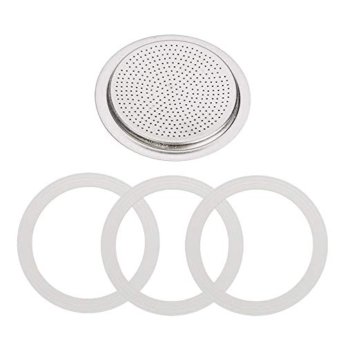 EUROXANTY Filtro Cafetera + 3 juntas de goma | Pack repuestos de cafetera | Para Cafetera Italiana | Filtro Aluminio | Junta de goma | 6 tazas