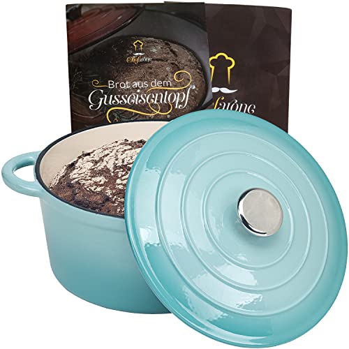 Olla de hierro fundido para hornear pan de 24 cm – 3,5 L, cacerola de hierro fundido esmaltada para cocer, hornear y freír, con tapa de inducción (3,5 L, azul)