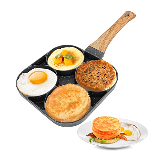 KIPIDA Sartén de 4 Agujeros, Sartén para Hacer Hamburguesas, Sartén Multifuncional para Desayuno Sartén Antiadherente para Huevos Fritos Sartén de Aluminio Tortillas para Inducción, Estufa de Gas