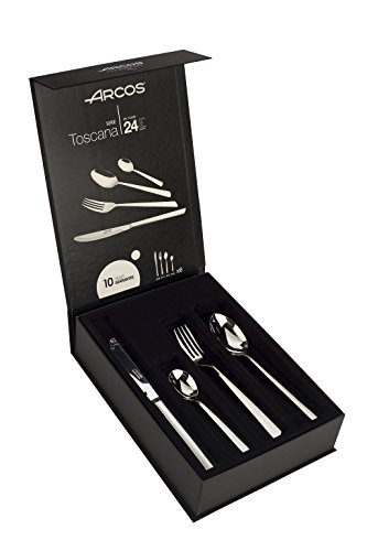 ARCOS Juego de Cubiertos de 24 Piezas para Mesa. Cubertería Completa para 6 Personas. Set de 6 Cucharas, 6 Cuchillos, 6 Tenedores y 6 Cucharas de Postre. Serie Toscana. Color Plata