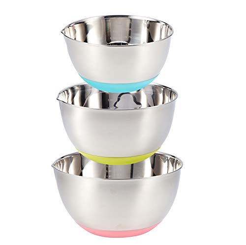 YISHUN Juego de 3 Cuencos para Mezclar Acero Inoxidable Ensaladera con Base de Silicona Antiadherente y Boquillas para Verter, Boles de Cocina Apilables 1.5L, 3L, 5L