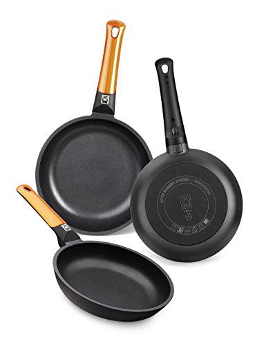 BRA Efficient Orange - Set de 3 sartenes, aluminio fundido con antiadherente tricapa libre de PFOA, para todo tipo de cocinas, lavavajillas, 18-22-26 cm [Amazon Exclusive]