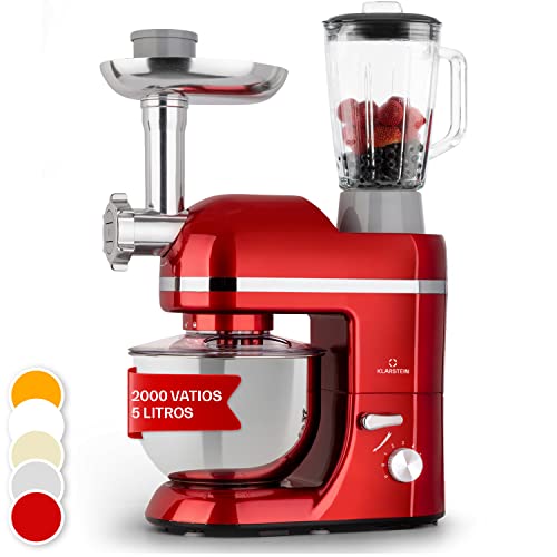 Klarstein Batidora Amasadora con Bol 5L para Hornear, Robot Cocina, Amasadora Reposteria 2000W, Picadora Carne, Gancho y Bol para Mezclar, Licuadora 1,5L con 6 Velocidades Postres y Panaderia