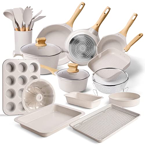 RIOVARM Juego de ollas y sartenes de inducción Juegos de utensilios de cocina de granito antiadherentes con tapa 31 piezas Esenciales de cocina sin PFOA con sartén Olla Cacerola