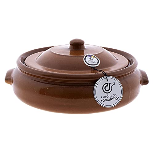 CERÁMICA RAMBLEÑA | Cazuela de barro refractario con tapadera | Cazuela fuego directo | Cazuela cerámica tradicional | Cazuela para horno | Cazuela baja con tapadera | 27x25x12 cm | 1.5 litros