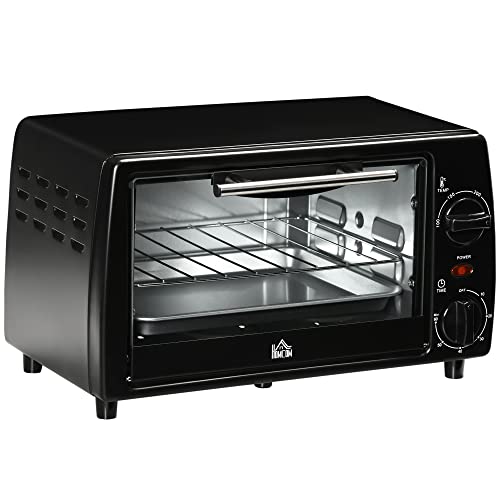 HOMCOM Horno Eléctrico Sobremesa 10 Litros 750W Horno de Convección con Temperatura hasta 230 ℃ Temporizador 60 Minutos Bandeja y Rejilla 36,5x26x22 cm Negro