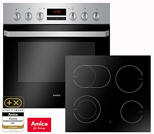 Amica EHC 933 015 E - Juego de horno multifunción de 9 fuegos con parrilla y recirculación de aire sin marco, vitrocerámica con dos circuitos y zona de asado, temporizador Steam Clean