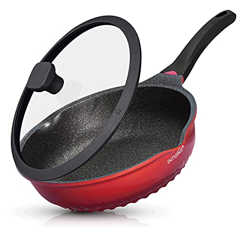 INTIGNIS Sartén Anti-Rayado - 28cm sartén profunda, revestimiento de piedra alemana Greblon - Sartén de inducción libre de químicos (Red)