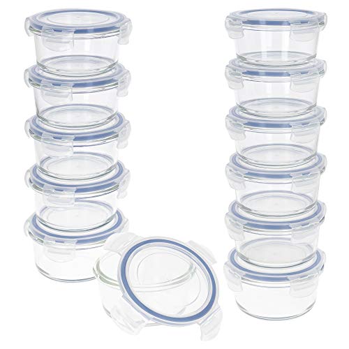 AKTIVE - Pack 12 Recipientes Herméticos de Vidrio, Tupper Cristal Apto para Microondas, Envases para Comida con Cierre, 420 mililitros, Tapas transparentes, Contenedor de Alimentos, Tapers Redondos