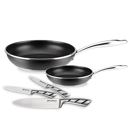 MAGEFESA ® Black Steel Pack Exclusivo, 5 Piezas, Set 2 sartenes de 20 + 28 cm + 3 Cuchillos de Cocina, Fabricados en Acero Inoxidable 18/10, Antiadherente Triple Capa, induccion, fácil Limpieza