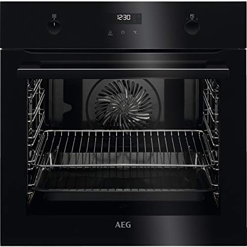 AEG BPE535120B Horno multifunción con limpieza pirolítico, 10 funciones, cocción uniforme, ventilador XXL, mandos escamoteables, pantalla LCD táctil, negro, clase A+, 71 litros