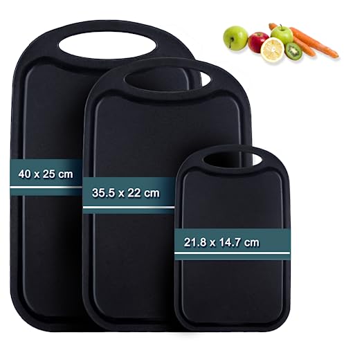 Tabla cortar cocina plástico, Hunnycook Juego de 3 Tabla cortar cocina con ranuras para zumo y asas antideslizantes, sin BPA, aptas para lavavajillas（Negro）