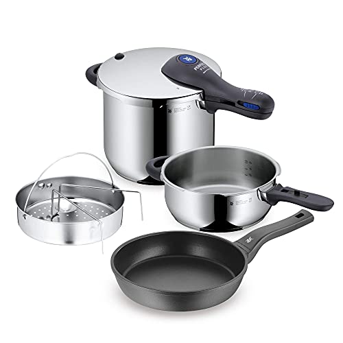 WMF - Juego de Sartén de aluminio fundido Permadur Premium de 28 cm + Set de Olla Rápida Perfect Plus 6.5 l + 3 l con cestillo para cocinar alvapor