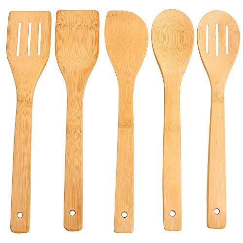 hollylife Utensilios de Cocina 5 Piezas Moderna, Sólidas Espátula Cuchara de Bambú Puro Madera Natural, sin Barnizada (Conjunto de 5 piezas)