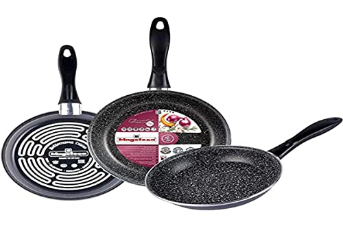 MAGEFESA K2 Gransasso set 3 sartenes 20/24/26cm, Acero vitrificado exterior, gris, Antiadherente bicapa, efecto piedra, para todo tipo de cocinas, especial inducción. 50% ahorro energético