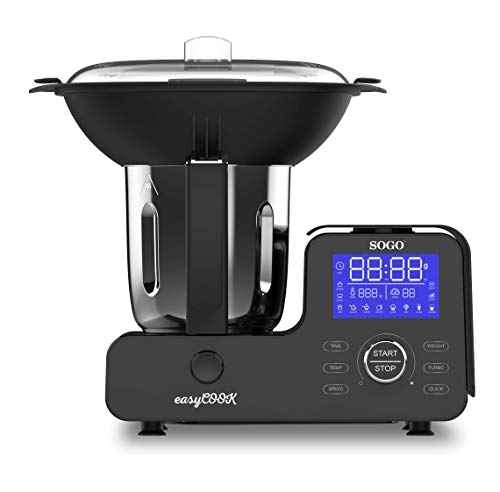 SOGO Easy Cook BAT-SS-14555 Robot de Cocina Multifunción, Báscula Integrada, con Vaporera, Libro de Recetas, 1500 W, 2 litros, Acero Inoxidable, 11 Velocidades, Negro