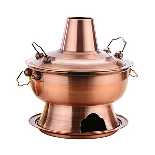 Clásico Olla Caliente Estofado Shabu-Shabu Sartén Con Chimenea Para Quemar Carbón, Acero Inoxidable Cocina China Olla De Sopa Utensilios De Cocina Por La Familia Cocina Fiesta (28 CM),Red Copper