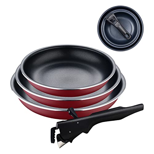 BERGNER Click&Cook Red Edition | Juego de Sartenes de 4 Piezas de 18, 20 y 24 cm + Mango Ergonómico Extraíble | Aluminio Prensado y Antiadherente | Para Todo Tipo de Cocinas y Horno