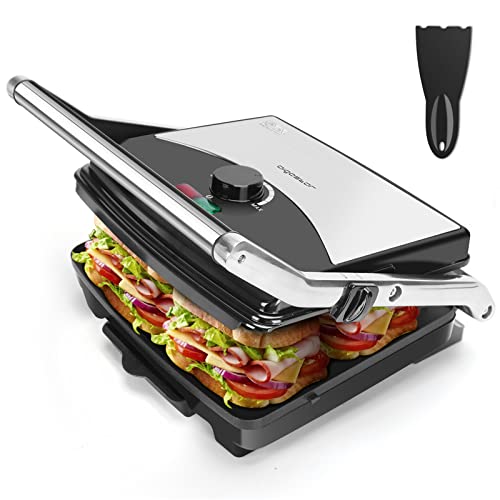 Aigostar Samuel - Parrilla Eléctrica, Grill, Sandwichera y Máquina de Panini, 2000W, Revestimiento Antiadherente, Placa Superior Flotante, Temperatura Regulable, Superficie Amplia 29 x 23 cm, Espátula