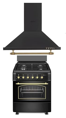 CONJUNTO PACK COCINA A GAS SOLTHERMIC HORNO ELÉCTRICO F6S40E5RB + CAMPANA 60 CM A JUEGO NEGRA RÚSTICA RIBETES DORADOS 350m3/h
