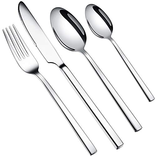 WUJO Set de Cubiertos, 48 Unidades Cubiertos de Acero Inoxidable/Juego de Cubiertos para 12 Personas, Incluye Cuchillo/Tenedor/Cuchara/Cucharilla de Plata