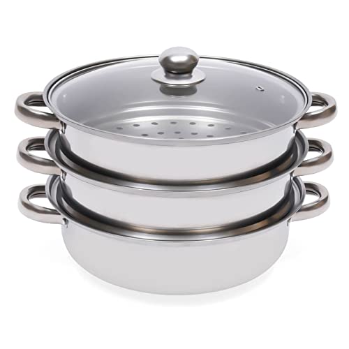 PIOJNYEN Vaporeras de 3 pisos Olla de 28 cm Hervidor de Verduras y Patatas, Acero Inoxidable, Con Tapa de Cristal, Apta para Lavavajillas
