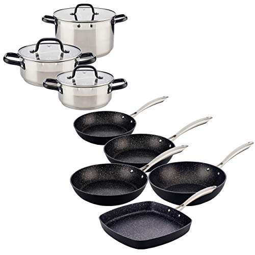 San Ignacio Set de cacerolas (30,24,28 cm) en acero inoxidable con juego de sartenes (20,24,28 cm) con wok y asador de 28 cm en aluminio forjado (PK2599)