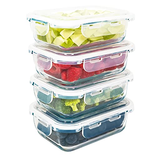 LG Luxury & Grace Pack 4 Recipientes de Cristal 600 ml. Cierre Hermético. Envases Contenedores Aptos para Microondas, Horno, Lavavajillas y Congelador. Sin BPA.