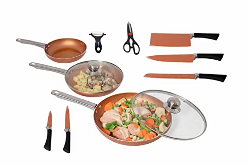 Maxell Power CE Juego DE 3 SARTENES 2 Tapas Cuchillos Tijeras Color Cobre Copper Pan Apto Horno SARTENES Copper + Cuchillos Copper