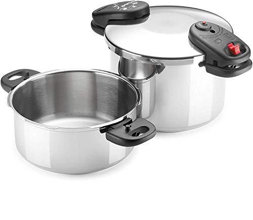 Alza ® Space olla a presión, 4 + 8 Litros, fabricada en acero Inoxidable 18/10, apta para tipo de cocinas, gas, vitroceramica, Inducción y lavavajillas, fondo termo difusor, 3 sistemas de seguridad