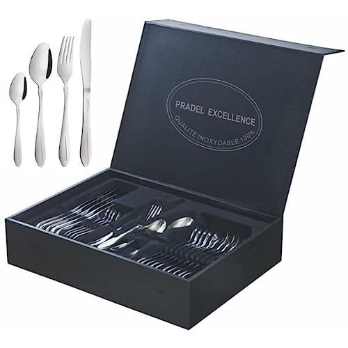 Pradel Excellence D570C - Cubertería de 84 Piezas, Efecto Espejo, en Estuche de presentación de Madera con un cajón