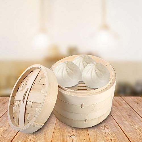Vaporera de bambú, Cesta de vapor de bambú, 2 niveles, cesta de vapor de bambú, cocina de arroz natural chino, cocina de alimentos con tapa, para cocinar bollos de dim sum, albóndigas, verduras(22cm)