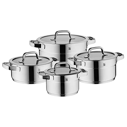 WMF Compact Cuisine - Juego de ollas de inducción (4 piezas, con tapa de cristal, acero inoxidable Cromargan pulido, juego de ollas sin recubrimiento, escala interior