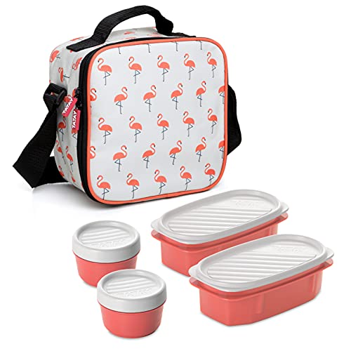 Tatay Urban Food Casual, Bolsa Térmica Porta Alimentos, 3L de Capacidad, con 4 Tuppers Herméticas (2 x 0.5L, 2 x 0.2L), Color Estampado Flamenco. Medidas 22.5 x 10 x 22 cm