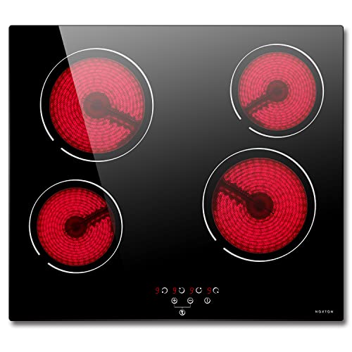 Placa Vitrocerámica 4 Fuegos, Noxton Estufas Electricas de Cocina Construido en 60cm, Apagado Automático Cerradura de Seguridad Indicador de Calor Vidrio Negro Horno Controles Táctiles, 6000W