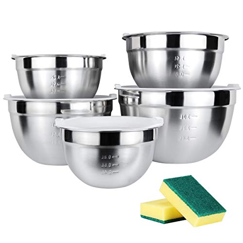 JUNING Bol de Acero Inoxidable 5 Paquetes con tapa Ensaladera, Cuencos para Mezclar, Bol para Mezclar, Bol para Almacenar