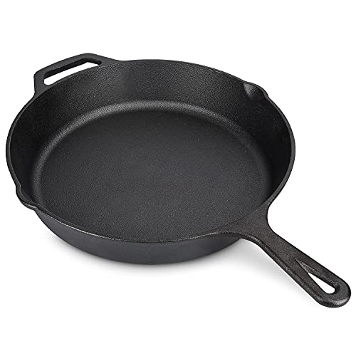 Navaris Sartén de hierro fundido - Cast iron skillet curado y con dos mangos - Sartén de hierro mineral para inducción horno plancha gas - 25 CM