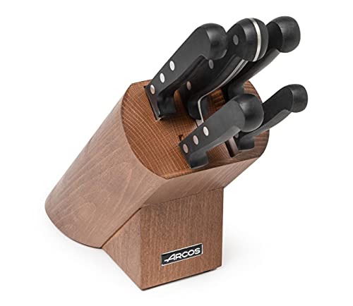 Arcos Juego de Cuchillos 5 piezas en Acero Inoxidable Nitrum. Bloque madera pino. Mango ergonómico polioximetileno POM. 2950 gr. Serie Universal. Mayor control. Color negro.