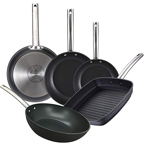 BERGNER Set 5 sartenes Foodies: Ø16x3,8; Ø20x4,2; y Ø28x5,5 cms; sartén Wok de 28x7,2 cms; y Sartén Grill / asador de 28x28 cms., aluminio forjado, inducción