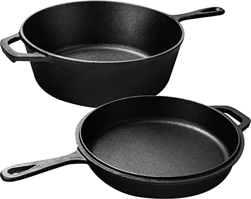 KICHLY Olla de Hierro Fundido Pre-sazonado - de Doble Función - Sartén para la Estufa y el Camping, al Aire Libre y en el Interior - 3L/3.2 Quart Set de Cocina (2 en 1)