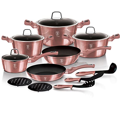 B BERLINGER HAUS BERLINGERHAUS PROFESSIONAL PRECISION I-Rose Batería Cocina Inducción, sin PFOA,Aluminio, Set 3 Cazuelas 4 Tapas Cristal 1 Cazo 2 Sartenes 3 Utensilios 2 Salva Manteles, Rosa, AT-6045