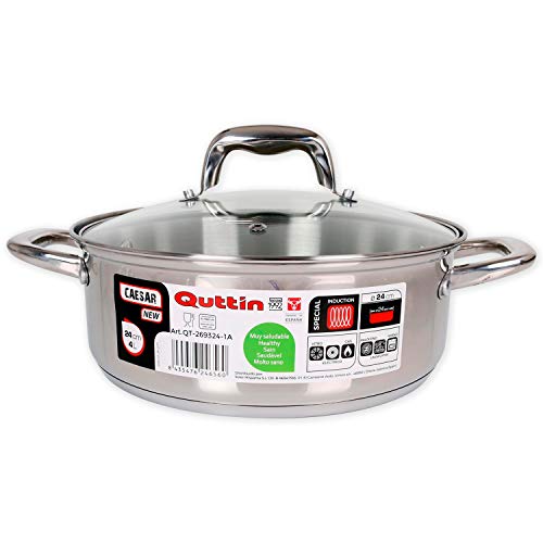 Quttin New Caesar - Cacerola Profesional Induccion, Cocina y Horno, Cazuela Mediana, Acero Inoxidable Antiadherente, Tapa Cristal y Asas, 24 cm/4 L