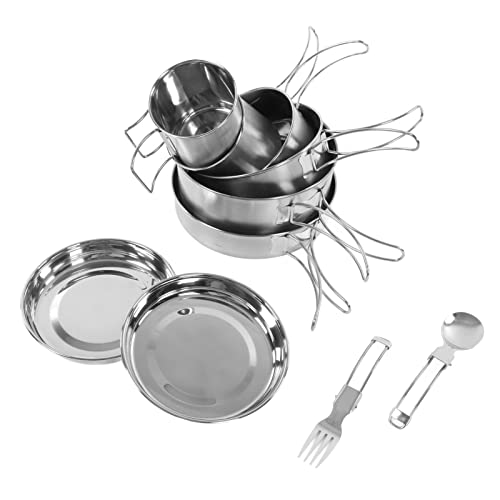 Juego de Utensilios de Cocina para Acampar, 12 Piezas de Acero Inoxidable 304 Juego de Ollas para Acampar de Grado Alimenticio Mango Plegable para Picnic