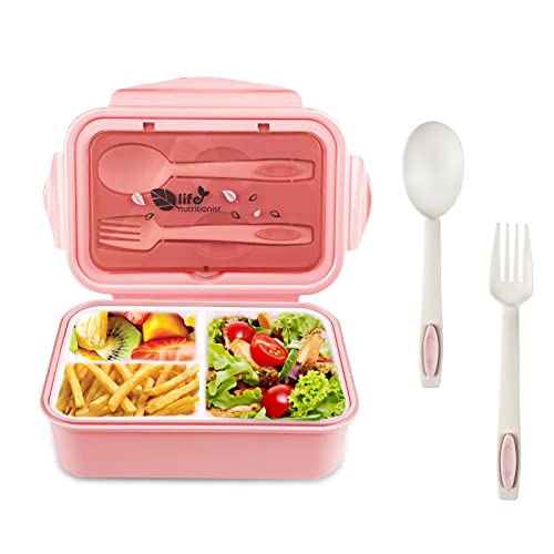 Newpop Fiambrera con 3 Compartimentos y Cuchara Tenedor 1400ml, lunch box Sin BPA Hermetica fugas, bento box para Microondas y Lavavajillas, loncheras para Adultos Niños Escuela Trabajo, rosado