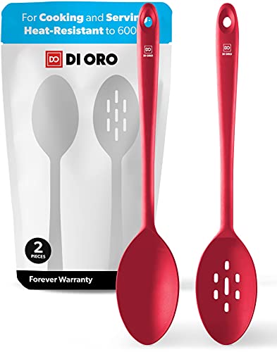 DI ORO® - Cucharas de cocina - Cucharas solidas y ranuradas en silicona resistente a 315°C - Silicona libre de BPA de calidad profesional certificada por LFGB (Juego rojo de 2 piezas)