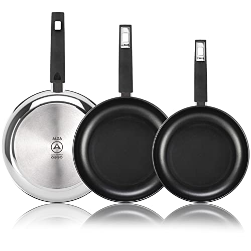 Alza ® Classic set de sartenes, 20 + 24 + 28cm de diámetro superior, fabricadas íntegramente en acero inoxidable, antiadherente triple capa Quantanium Whitford, base termodifusora tricapa, induccion